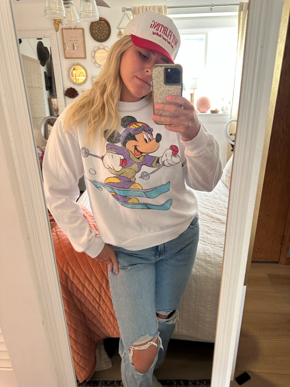 Disney White Sweatshirt with Colorful Skiing Mickey Graphic